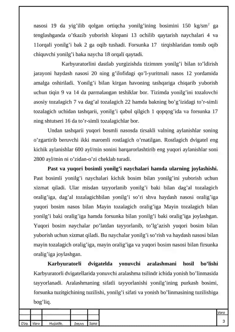 Zamonaviy avtomobillar karbyuratorli dvigatellarining ta'minlash tizimi 4