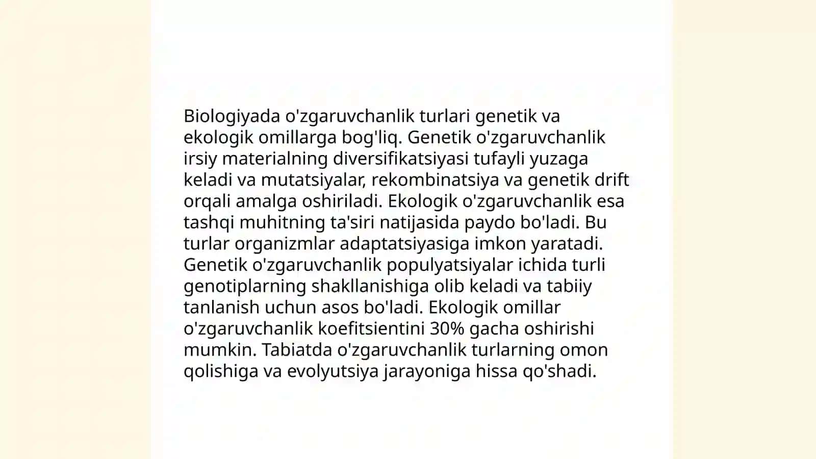 O'zgaruvchanlik va uning shakllari muammoli topshiriqlar viktorina savollar tayyorlash va taqdimotini o'tkazish 4