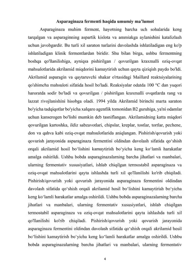 Oziq-ovqat sanoatida asparaginaza fermentining qo’llanilishi 4