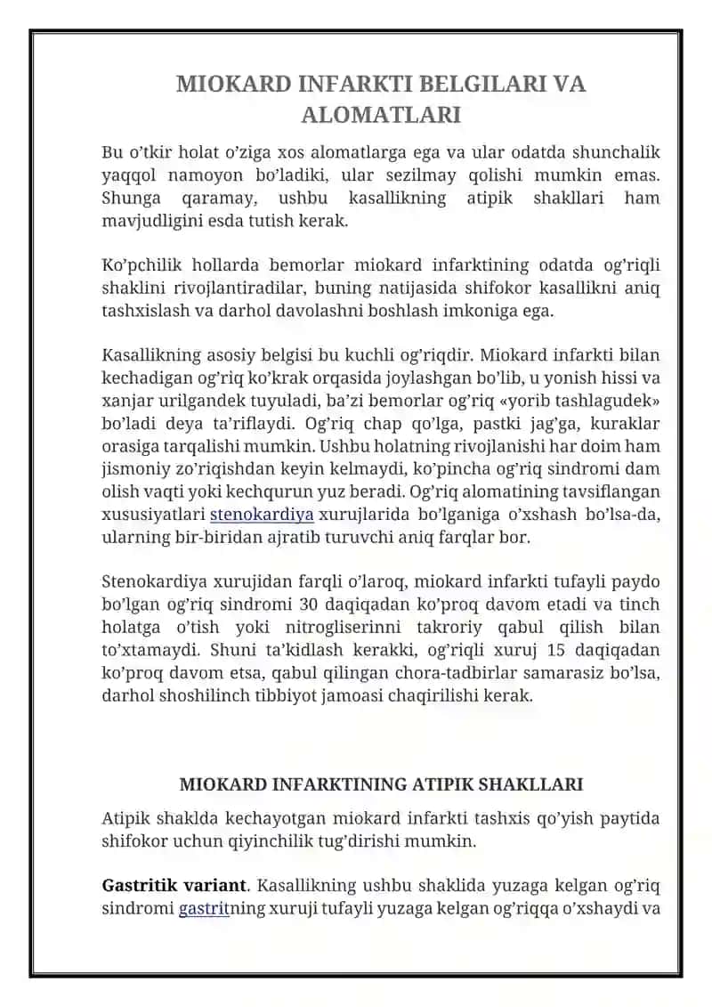 STENOKARDIYA MIOKARD INFARKTI — SABABLARI, BELGILARI, XAVF OMILLARI, BIRINCHI YORDAM VA DAVOLASH 4