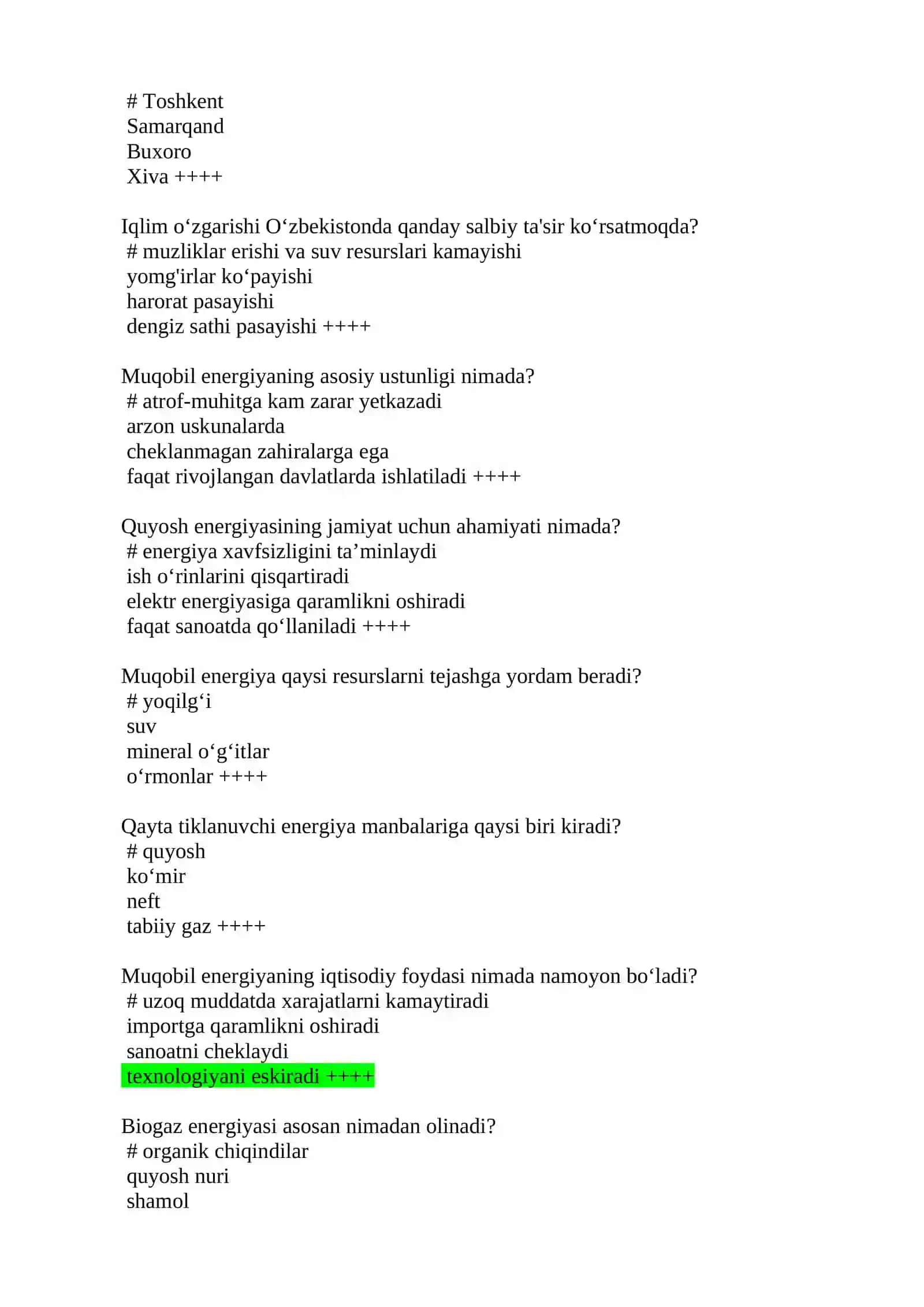 Atrof-muhit muhofazasi yakuniy nazorat kodlangan test 4