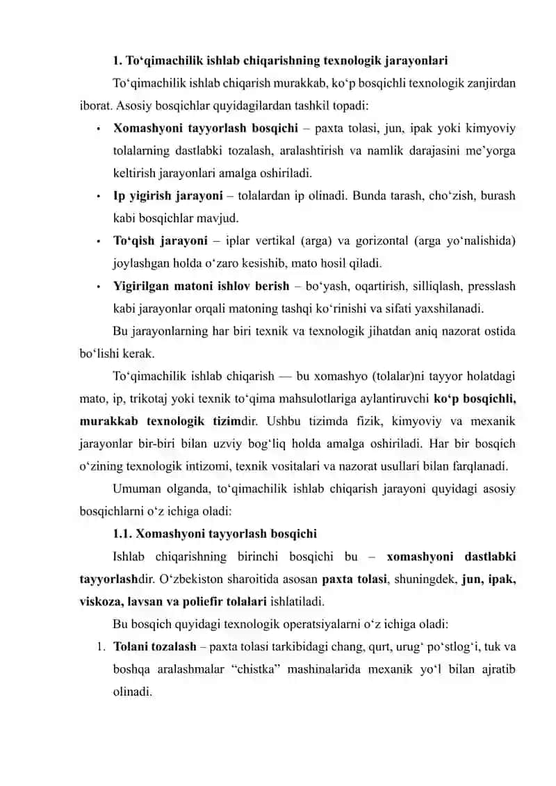 TO‘QIMA ISHLAB CHIQARISH TEXNOLOGIYA JARAYONLARI VA MASHINALARNI AVTOMATLASHTIRISH 4