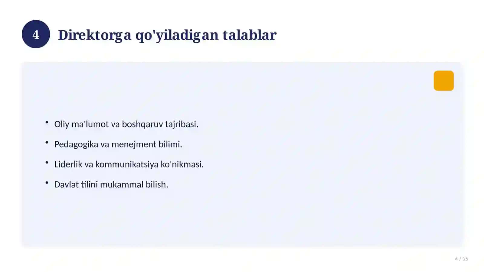 Kelajak markazi direktori lavozimi: kirish testlari 2026 4