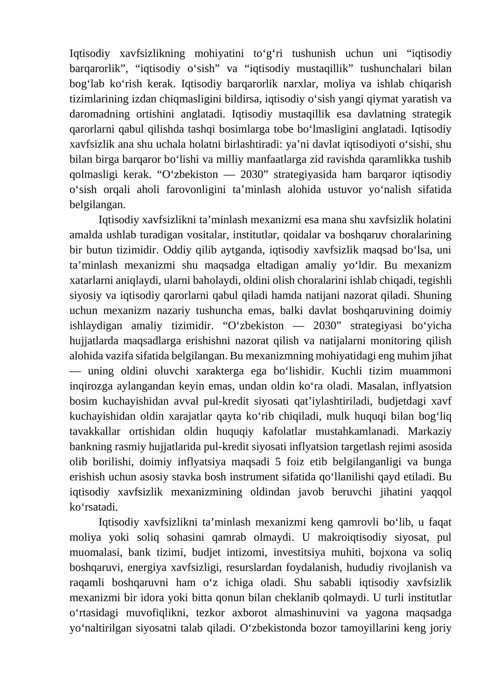 Iqtisodiy xavfsizlikni ta’minlash mexanizmi faoliyati
Reja 4