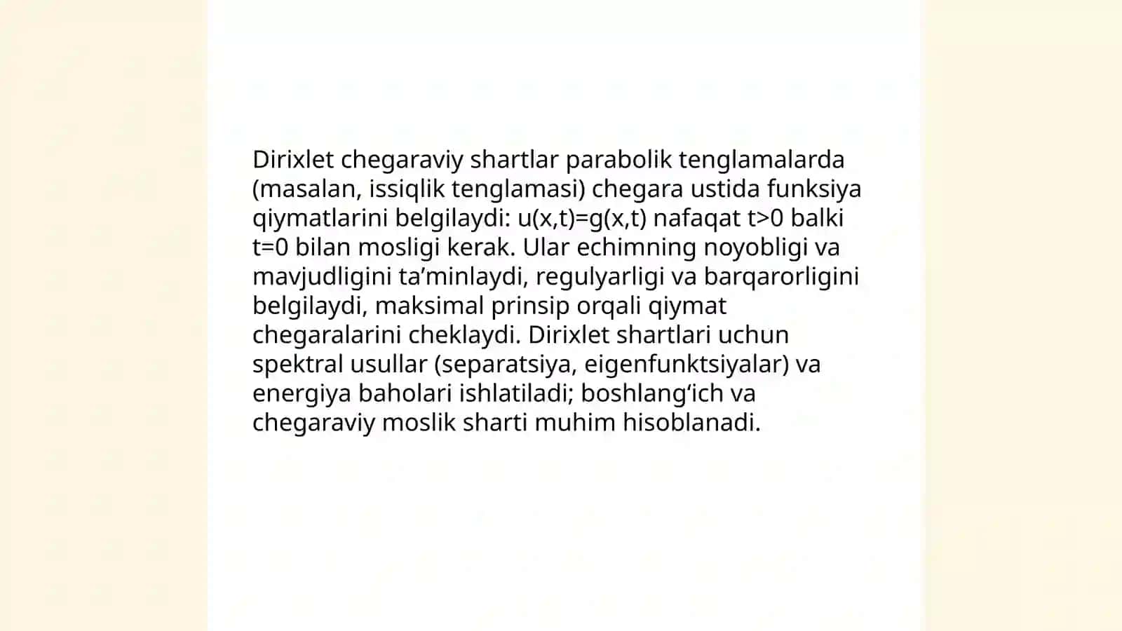 Parabolik tipdagi tenglamalar uchun boshlangʻich va chegaraviy shartlar 4