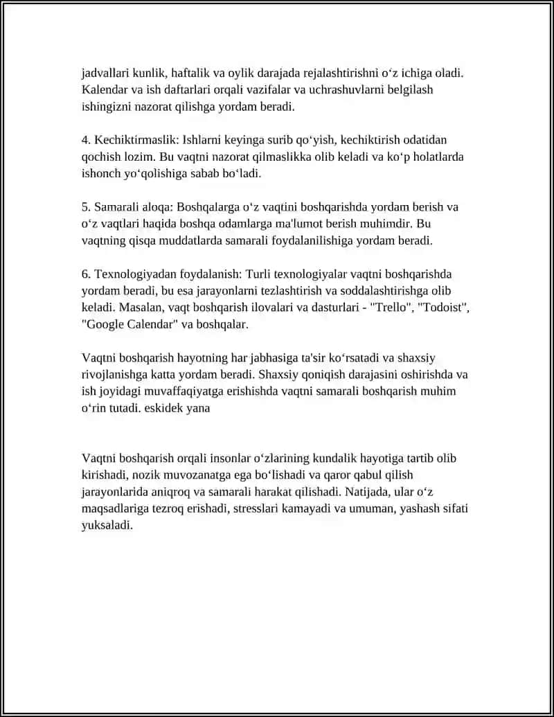 VAQTNI BOSHQARISH (TIME MANAGEMENT) KO‘NIKMASI VA UNI RIVOJLANTIRISH YO‘LLARI 4