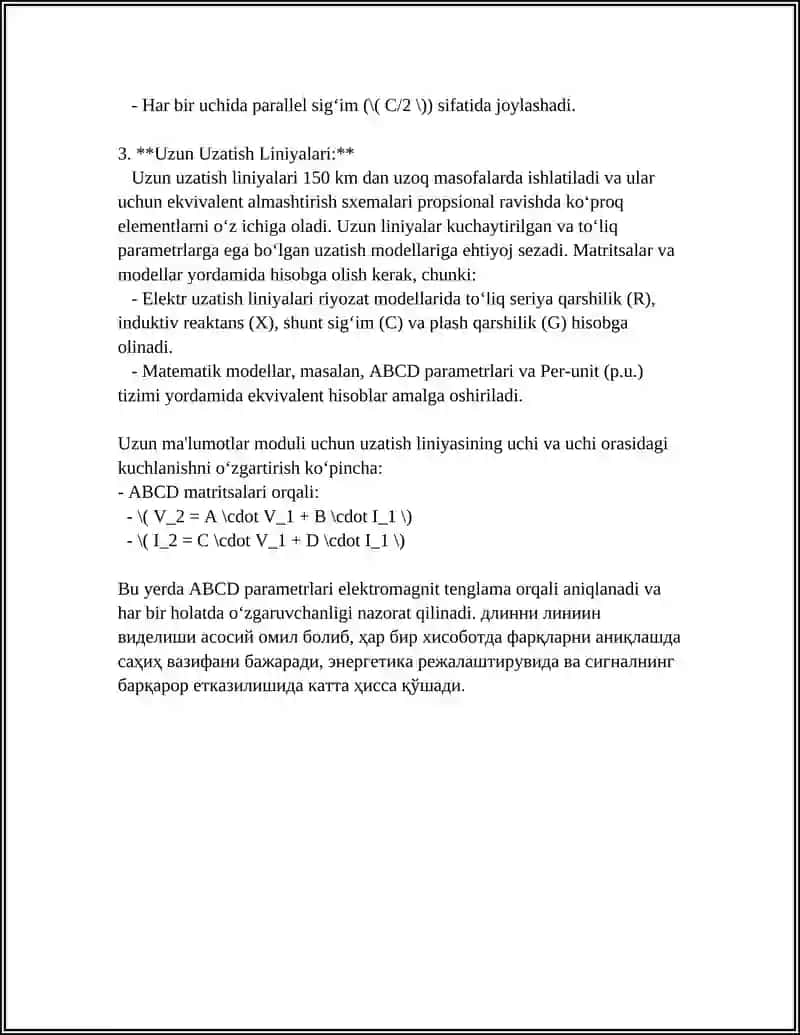 ELEKTR UZATISH LINIYA VA TRANSFORMATORLARNING EKVIVALENT ALMASHTIRISH SXEMALARI VA HISOB PARAMETIRLARI 4
