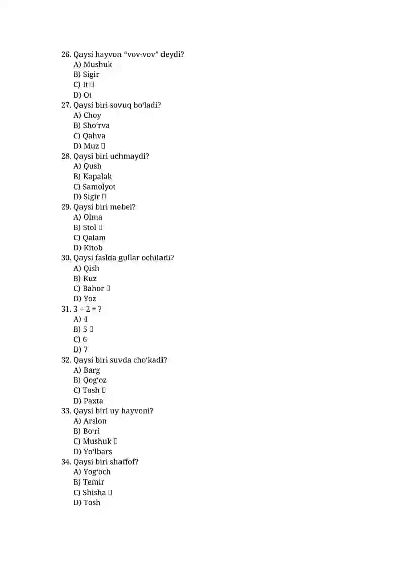 Bog‘cha va boshlang‘ich sinf bolalari uchun maxsus tayyorlangan 100 ta yengil IQ savol. 4