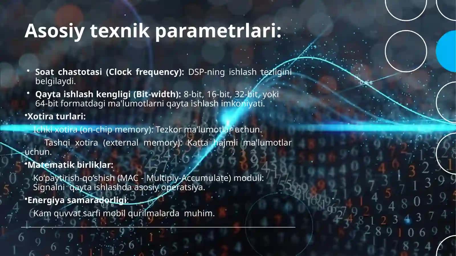 Signal protsessorlari arxitekturasining texnik parametrlari va optimallashtirish usullari. prezentatsiya 4