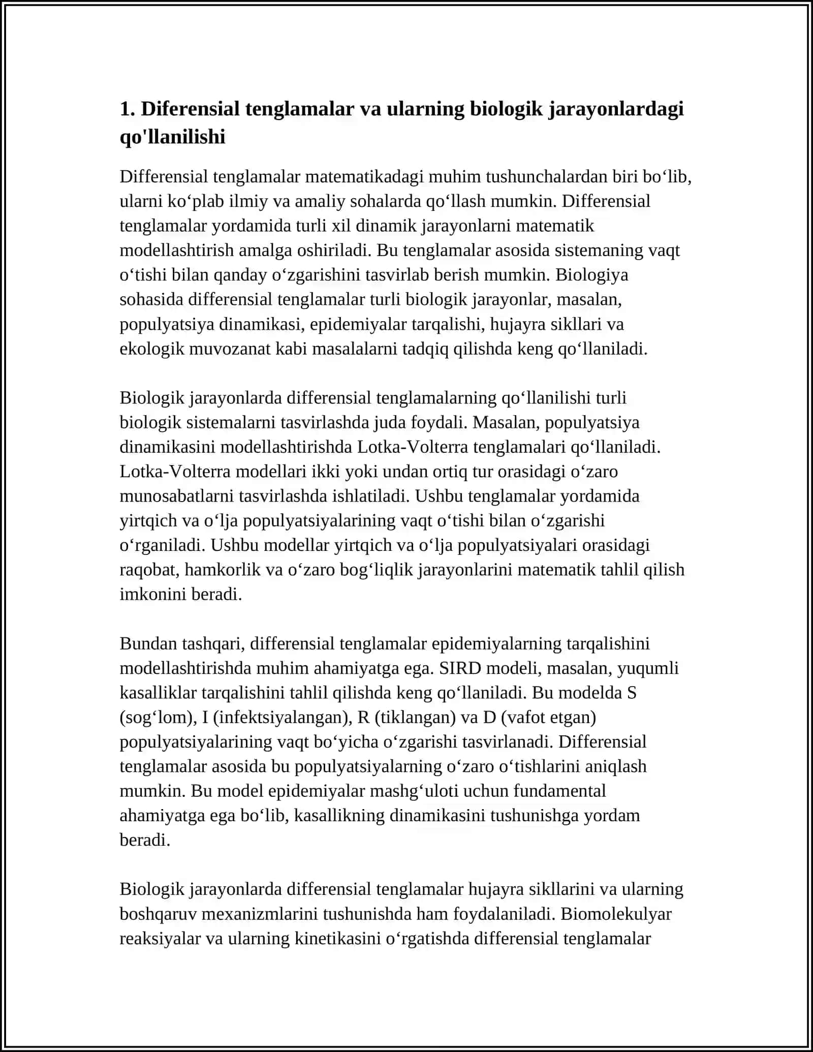 BIOLOGIK JARAYONLARNI MODELLASHTIRISHDA INTEGRAL HISOB TATBIQLARI 4