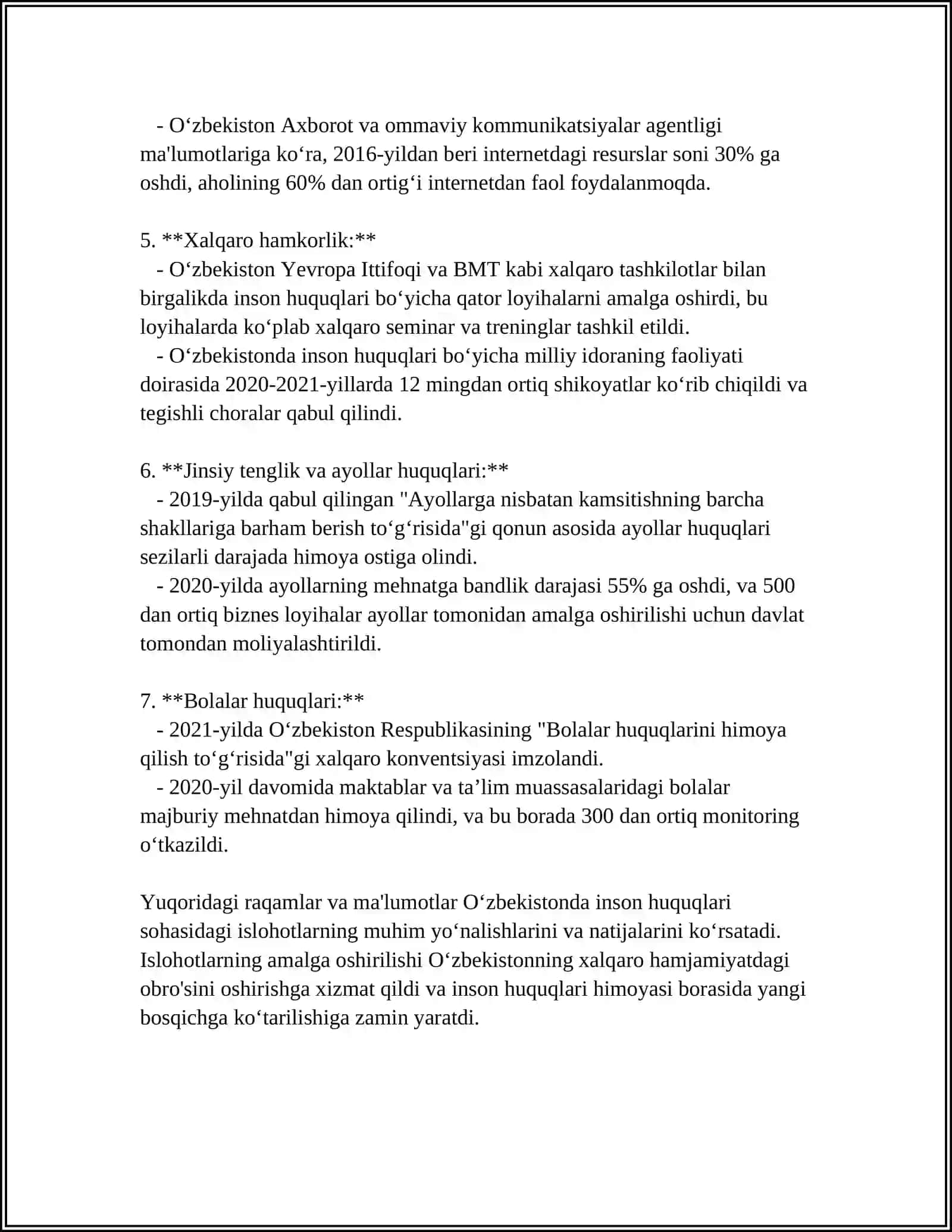 YANGI O'ZBEKISTONDA INSON HAQ-HUQUQLARI VA ERKINLIKLARI KAFOLATINING YARALILISHI 4