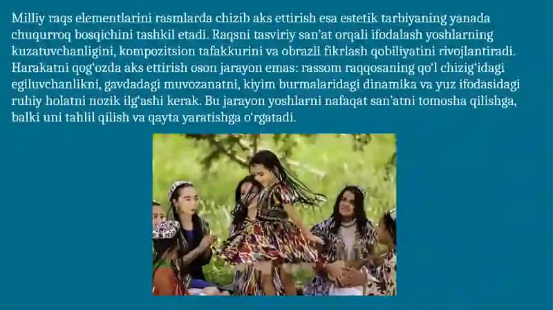xalq milliy raqsining yoshlar estetik tarbiyasidagi ahamiyati raqs elementlarini rasmlarda chizib aks ettirish 4