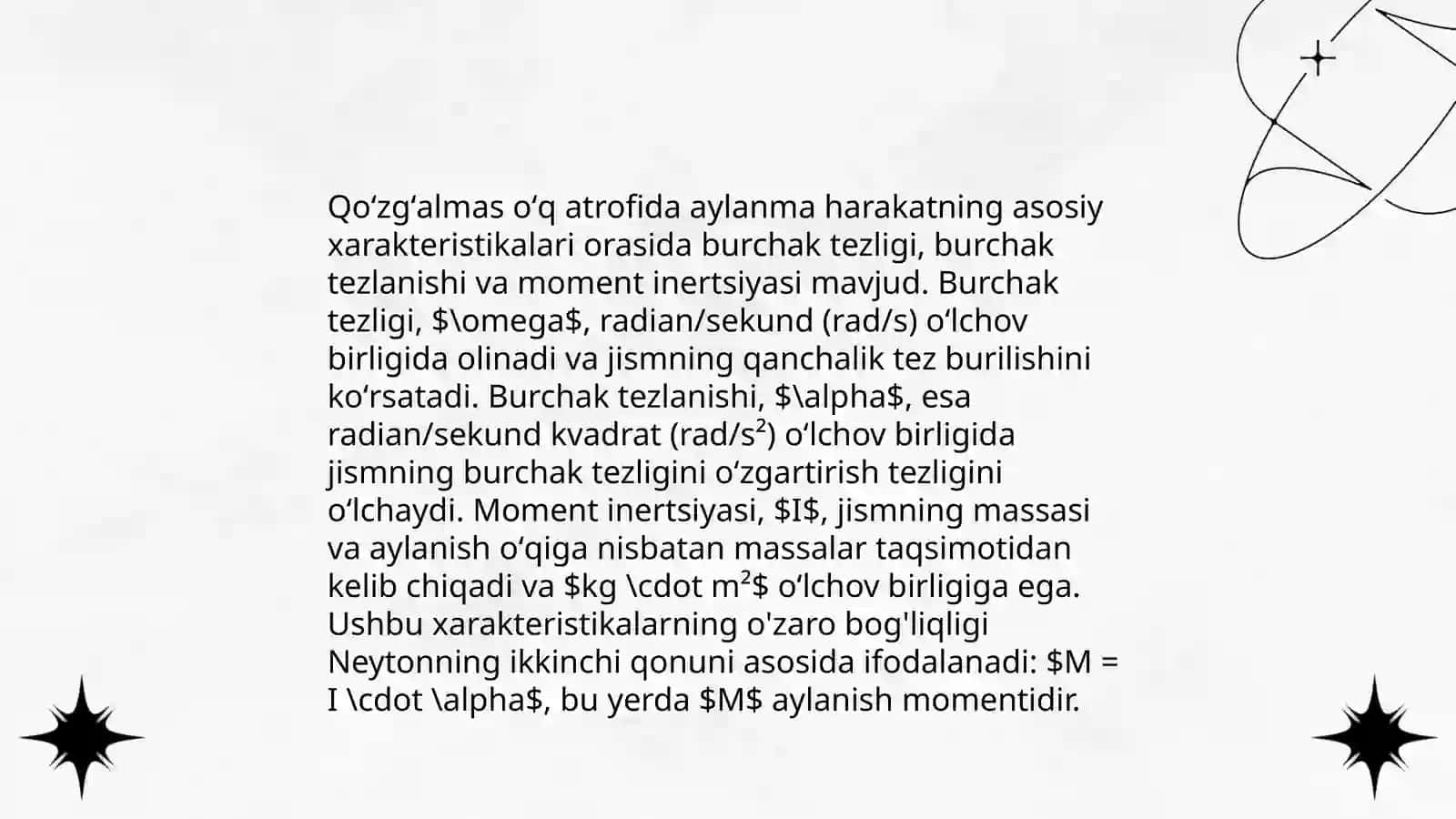 Qoʻzgʻalmas oʻq atrofida aylanma harakatlanuvchi jism tezligi va tezlanishini aniqlash 4