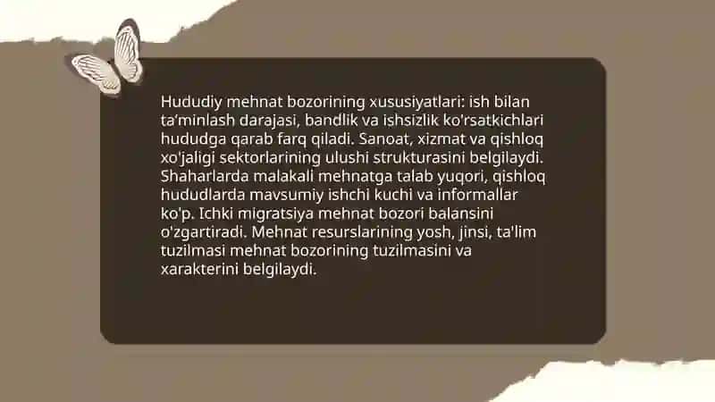 Mehnat iqtisodiyot fanidan hududlarda mehnat resurslari va ularning shakillanish jarayonlarini tartibga solish 4