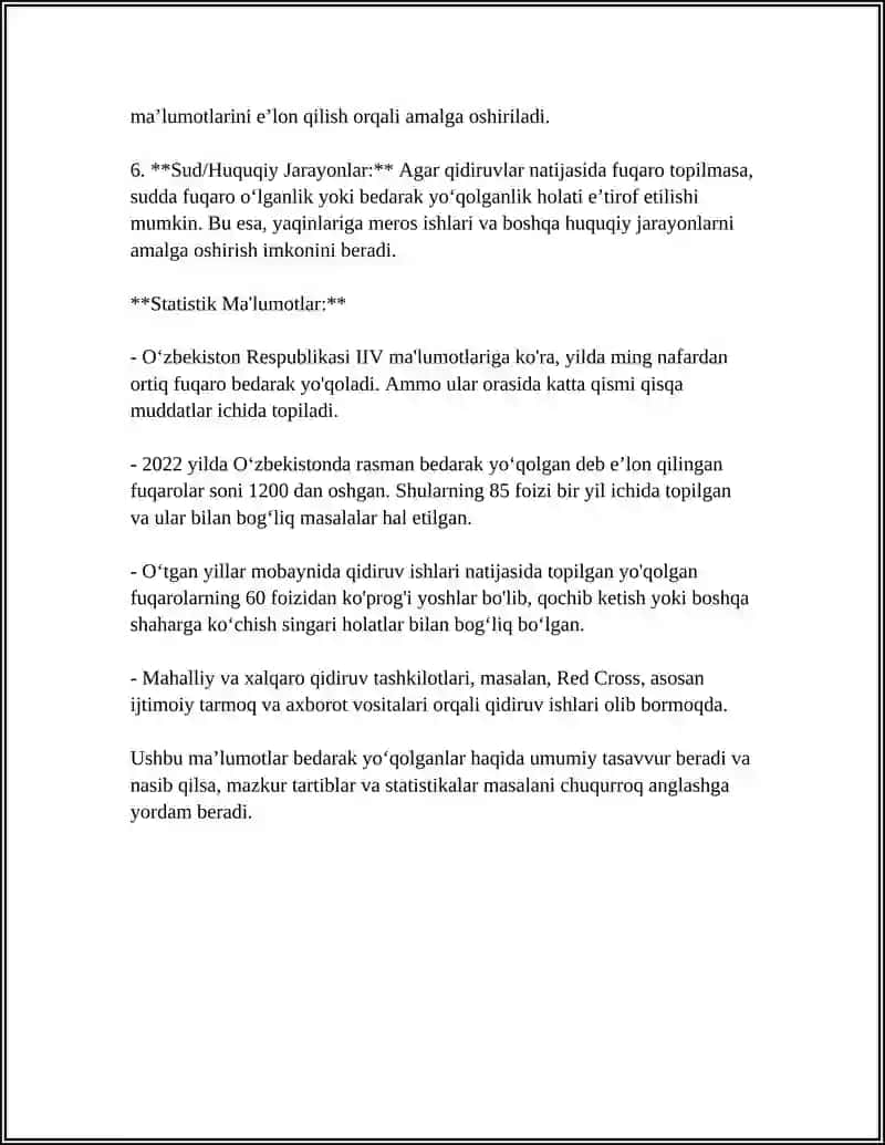 FUQARONI BEDARAK YOʻQOLGAN VA VAFOT ETGAN DEB TOPISH TOʻGʻRISIDAGI ISHLAR 4