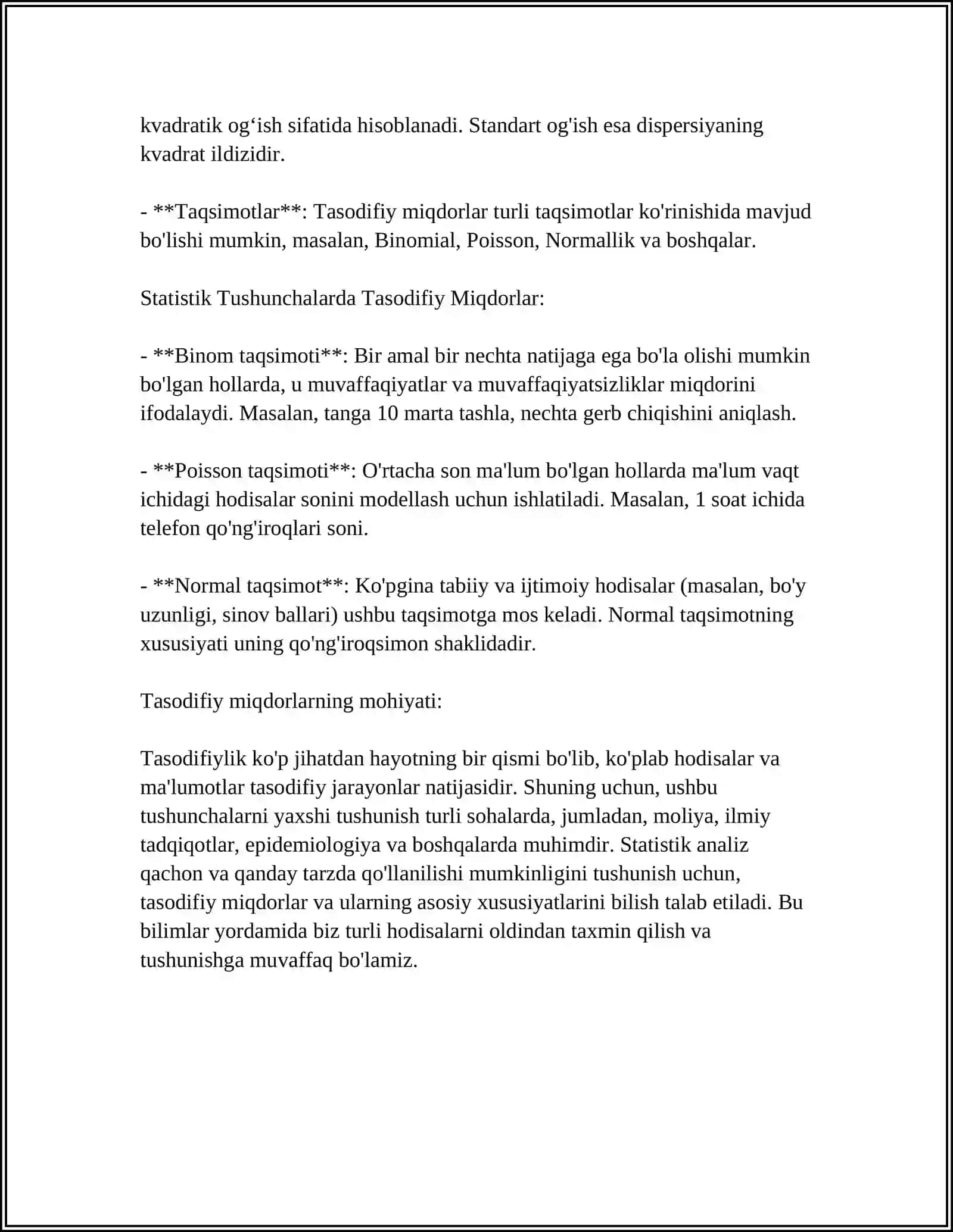 MATEMATIK KUTILMA YOKI DESFERSIYASI MAVJUD BO'LMAGAN TASODIFIY MIQDORLARGA MISOLLAR TUZISH 4