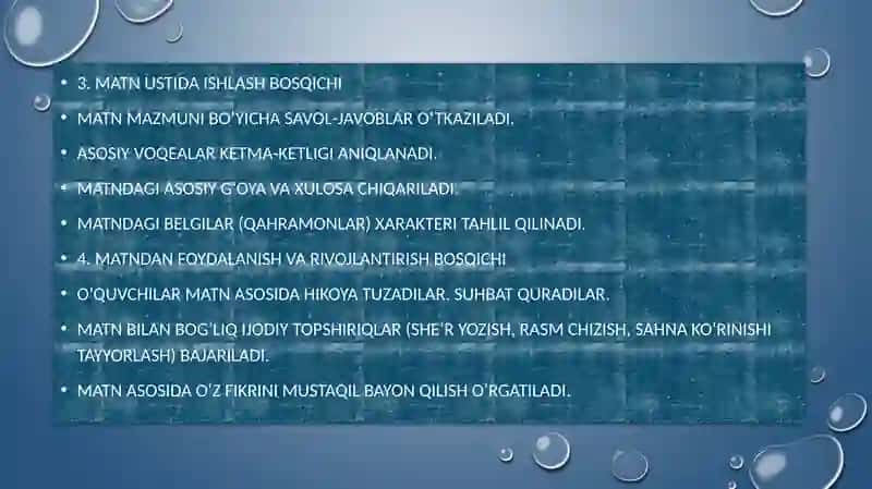 4-SINFDA NAMUNAVIY MATNNI QAYTA HIKOYALASH VA BAYON YOZISH UCHUN METODIK TAVSIYALAR ISHLAB CHIQISH 4