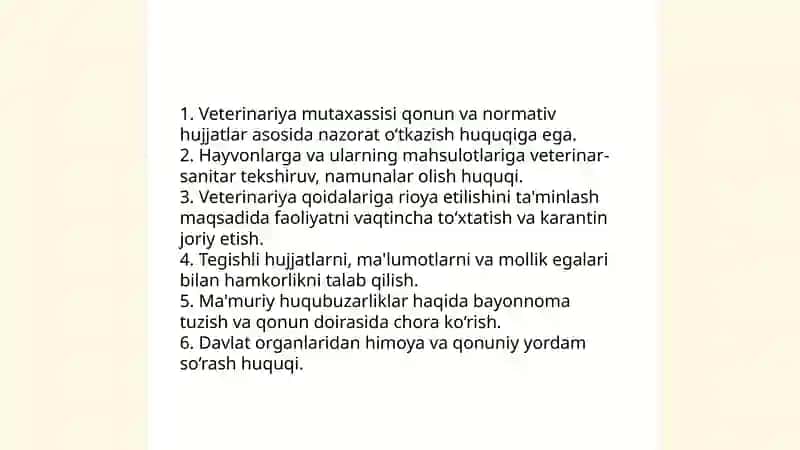 Idoraviy veterinariya xizmati Veterinariya mutaxasisining huquq va vazifalari 4