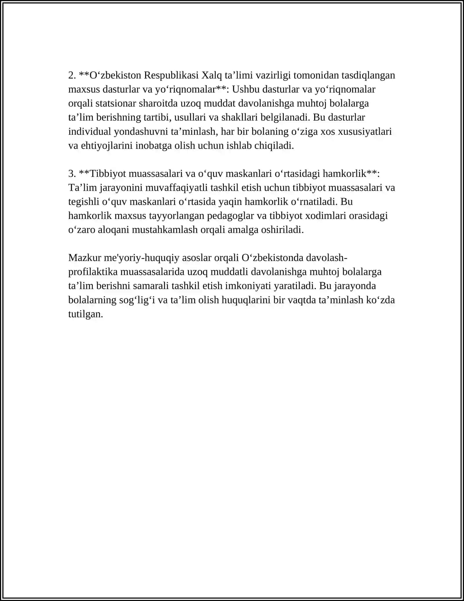 UZBEKISTONDA DAVOLASH-PROFILAKTIKA MUASSASALARIDA STATSIONAR SHAROITDA UZOQ MUDDAT DAVOLANISHGA MUHTOJ BOLALARGA UMUMIY URTA TALIM BERISHNI TASHKIL ETSISH 4
