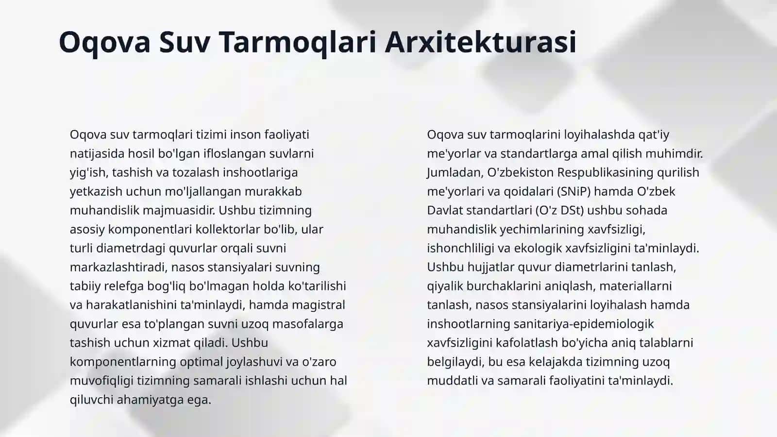 Oqova suvlarni oqizish tarmoqlaridan foydalanish Oqova suvlarni tozalash inshootlarini ishlatish 4