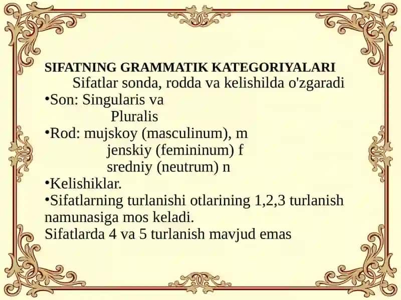 SIFAT SO’Z TURKUMI  SIFATNINGGRAMMATIK KATEGORIYALAR. SIFATNING IKKI GURUHI.SIFATNING LUG’AT SHAKLI. 4