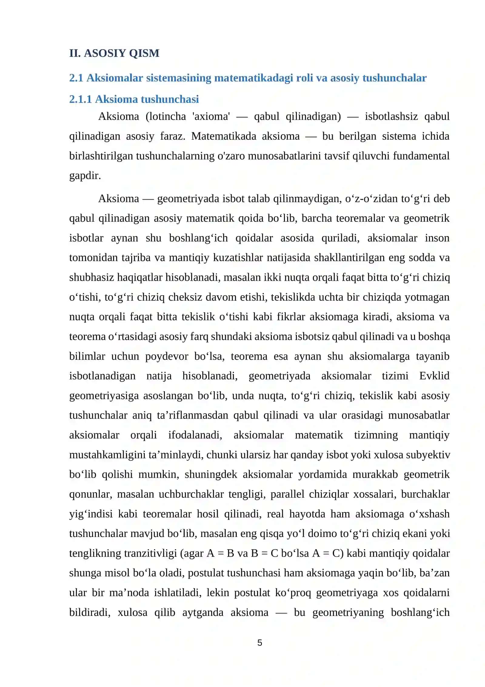 Matematik struktura va geometriyada aksiomalar sistemasida munosabatlar 4