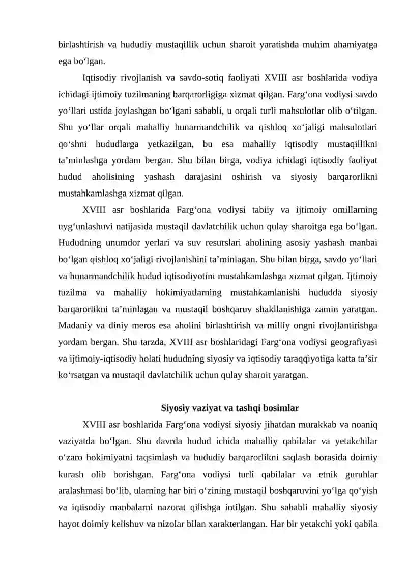XVIII asr boshlarida Farg‘ona vodiysida mustaqil davlatchilik uchun sharoitni vujudga kelishi mavzisida 4