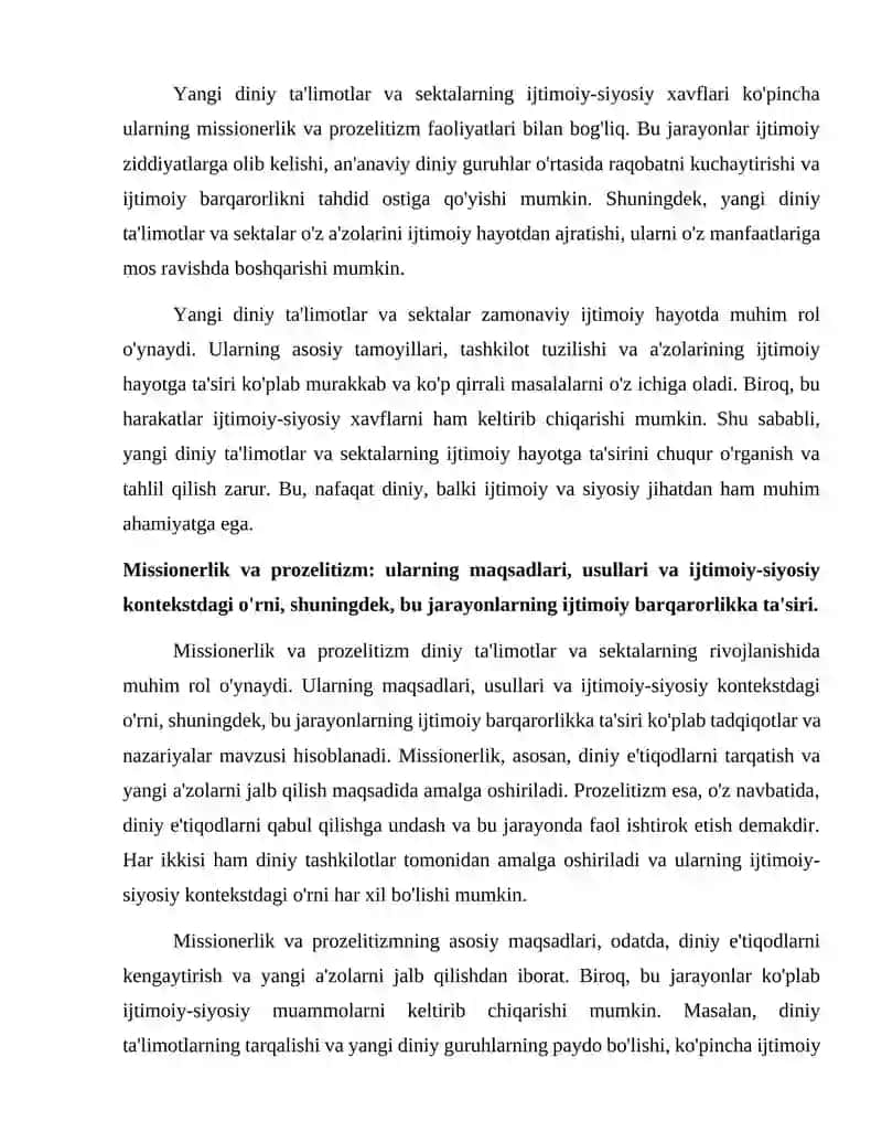 Yangi diniy ta`limotlar va sektalar. Missionerlik va prozelitizmning ijtimoiy-siyosiy xavfi 4