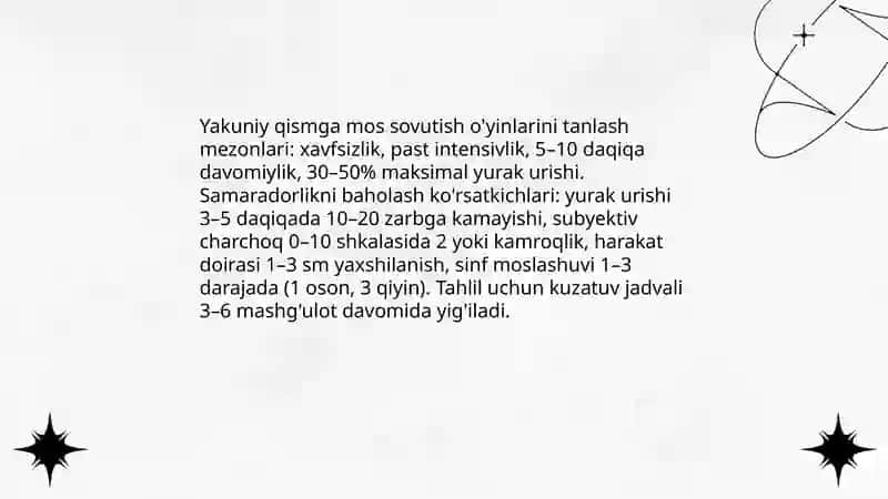 Harakatli o'yinlarni jismoniy tarbiya darsining tayyorlov va yakuniy qismiga mos holda tanlash hamda tahlil qilish 4