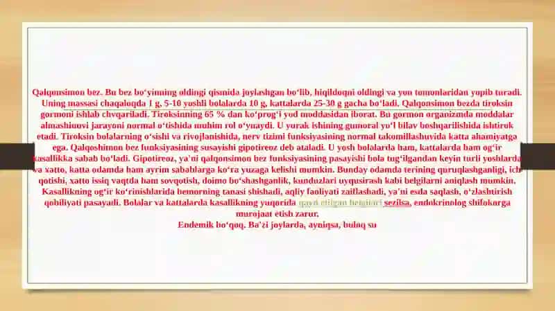 Endokrinbezlar.Gipofiz.Epifiz.Jinsiyyoshgaqarabo'zgarishi.Qalqonsimon,yoshgaqarabo'zgarishi.Buyrakustivaqalgonorqavaayrisimonbezlar,ularningo'zgarishi 4