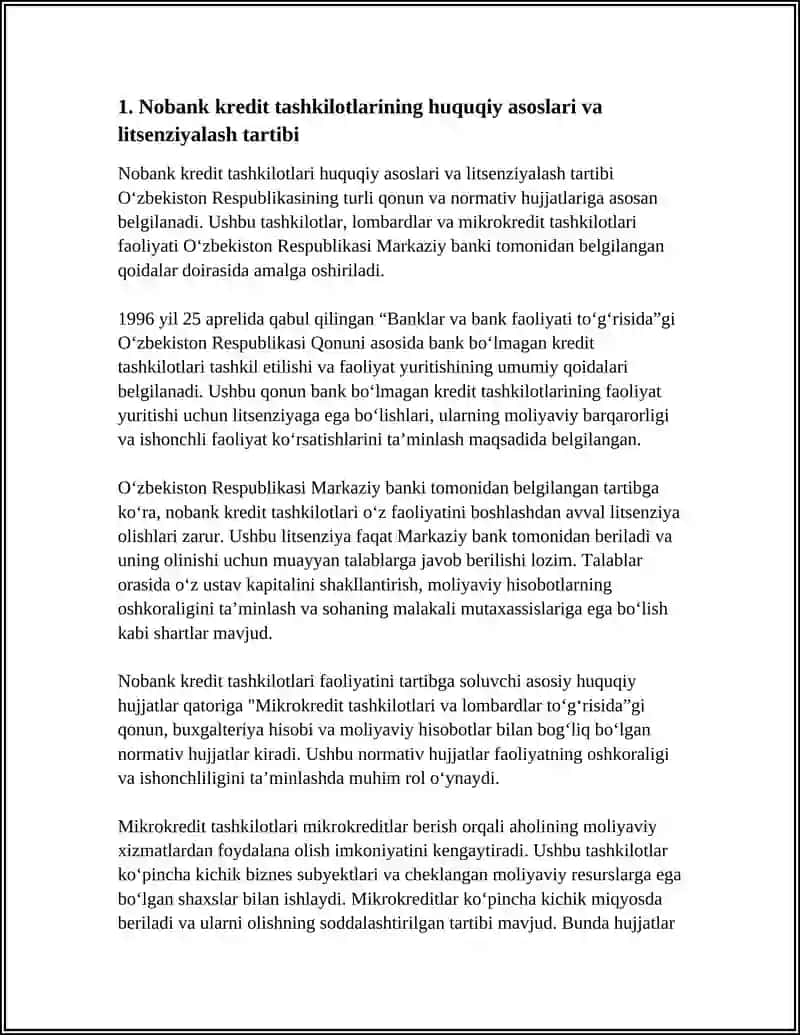 NOBANK KREDIT TASHKILOTLARI, LOMBARDLAR VAMIKROKREDIT TASHKILOTLARINING TARKIBI VA VAZIFALARI 4