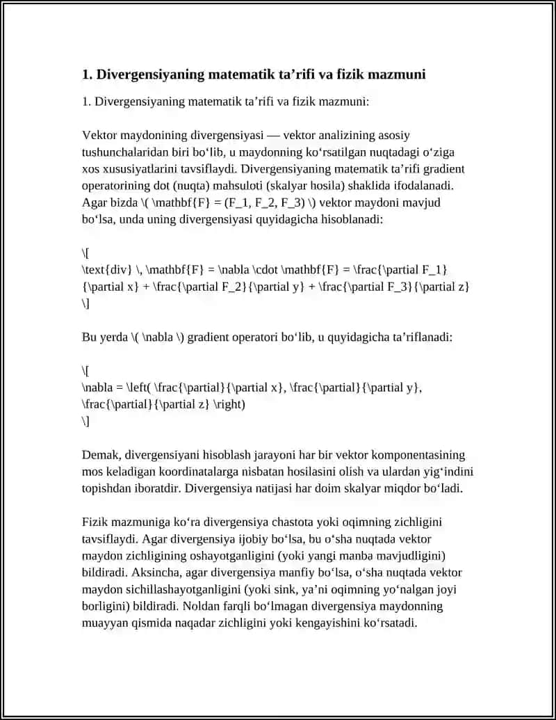 VEKTOR MAYDONNING DIVERGENSIYASI. OSTROGRADSKIY TEOREMASINING TADBIQLARI 4