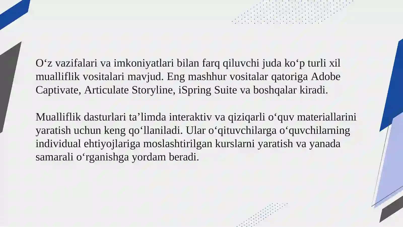Mualliflik dasturiy yordamida o‘rgatuvchi dasturiy vositalaryaratish 4