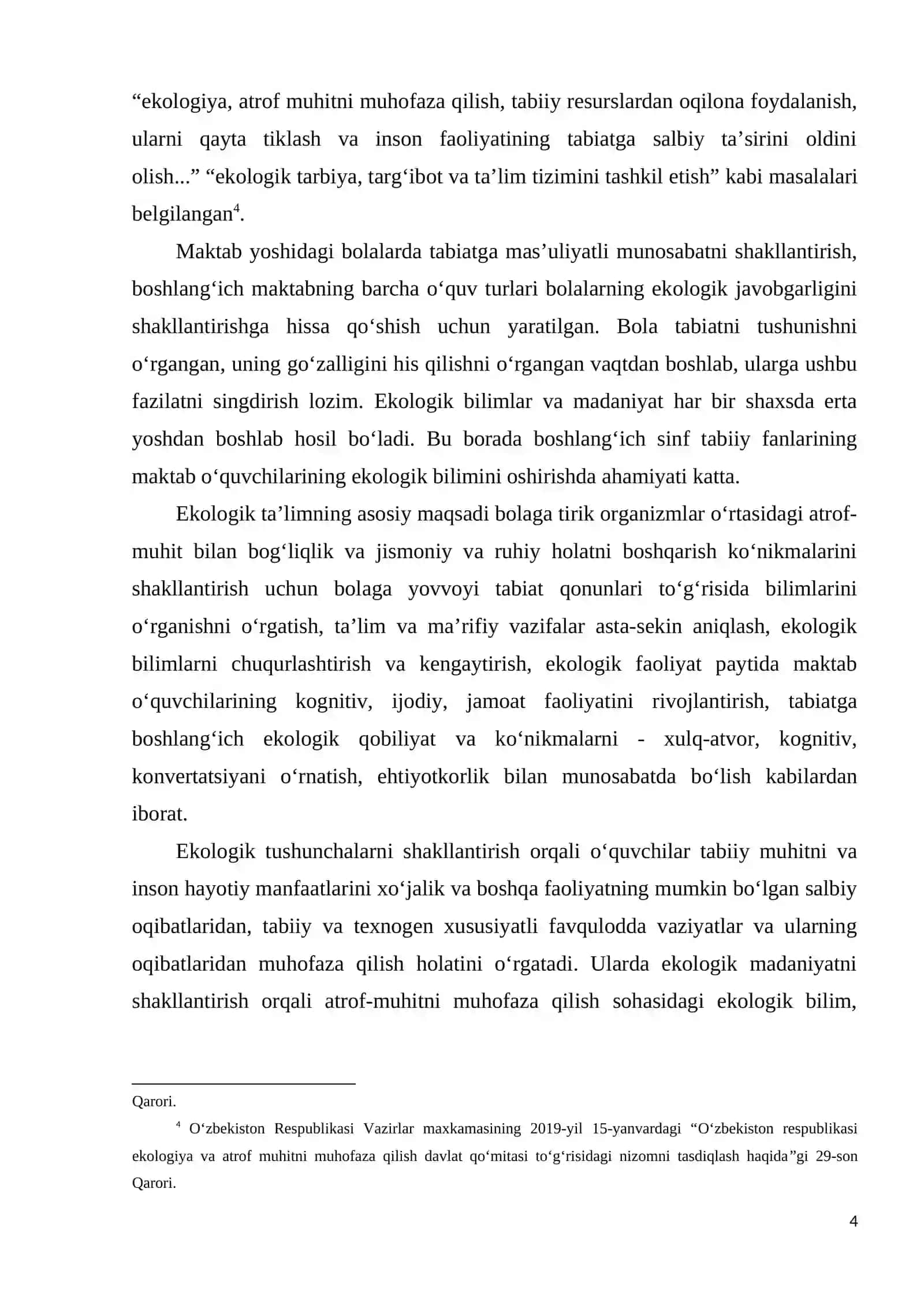 BOSHLANGʻICH  TAʼLIM  TABIIY  FANLAR  DARSLARIDA EKOLOGIK  TUSHUNCHALARNI  SHAKLLANTIRISH 4