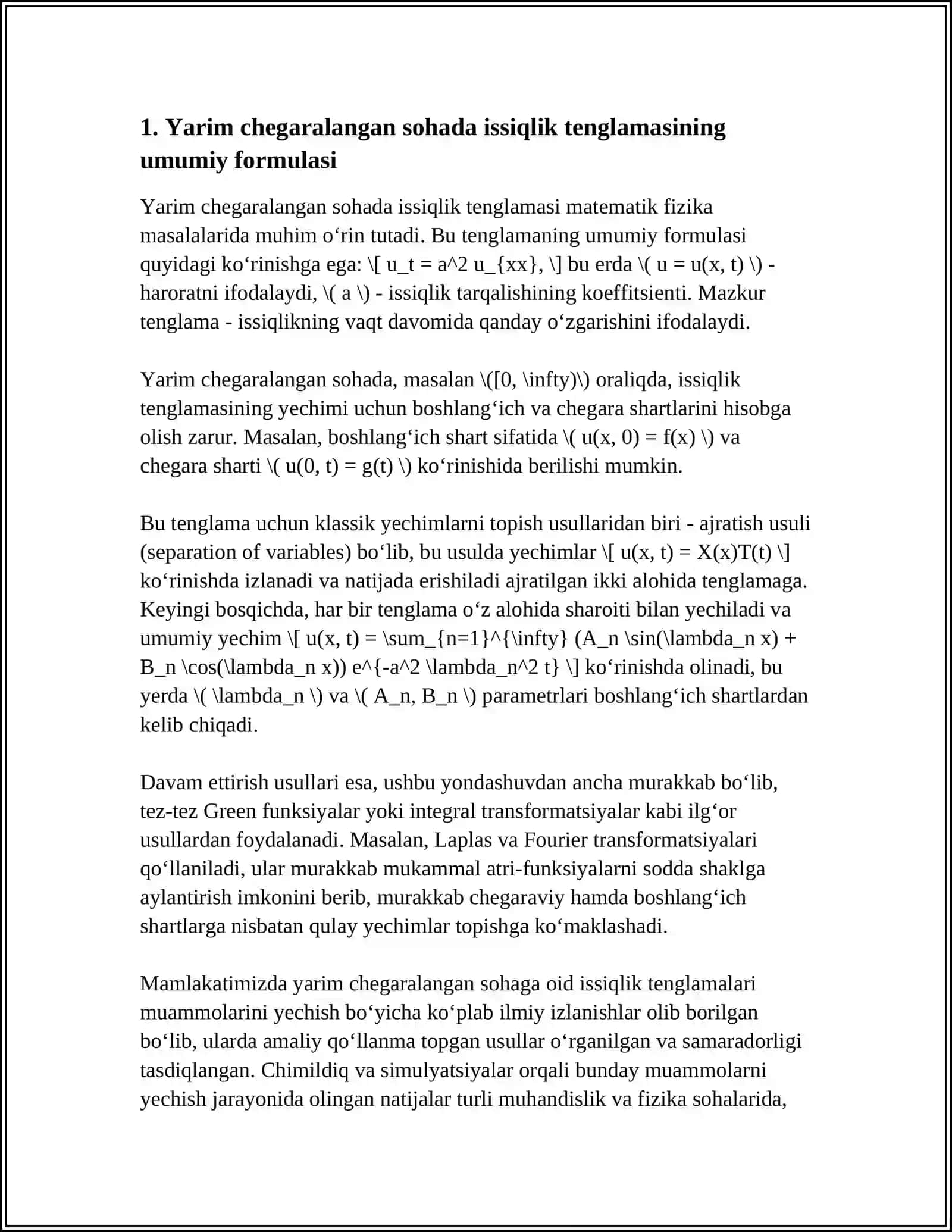 YARIM CHEGARALANGAN SOHADA ISSIQLIK TENGLAMASI. DAVOM ETTIRISH USULLARI 4