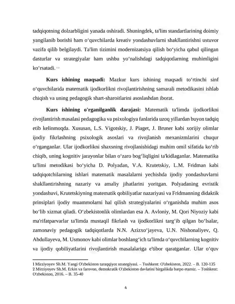 "TO'RTINCHI SINFDA MATEMATIKADAN O'QUVCHILARNI IJODIY ISHLASHGA O'RGATISH METODIKASI." 4