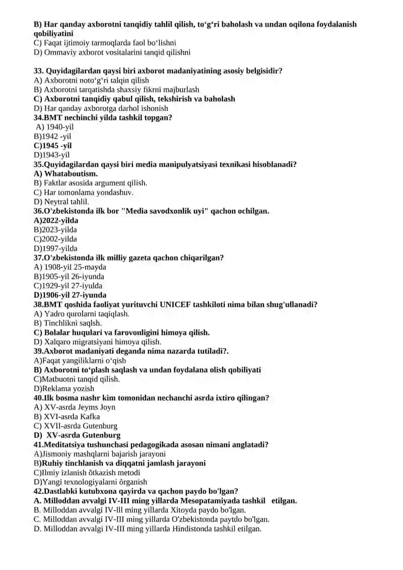 MEDIASAVODXONLIK VA AXBOROT MADANIYATI FANIDAN BARCHA BAKALAVR TALABALARI UCHUN YAKUNIY NAZORAT TEST SAVOLLARI 4