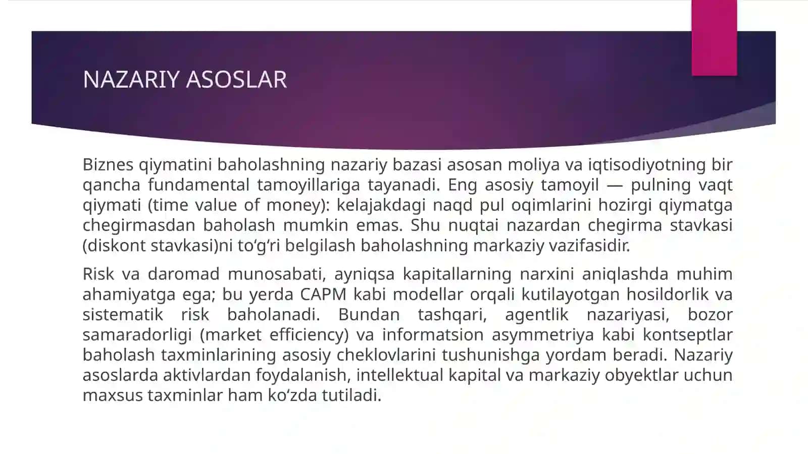 Biznes qiymatini baholashning nazariy asoslari va zamonaviy kansipsiyalari 4