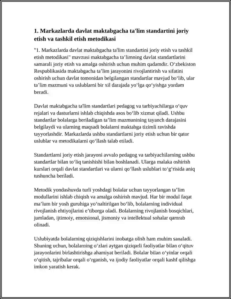 MAKTABGACHA TALIMDA MARKAZLAR FAOLIYATI VA USLIBIYATI FANI DOIRASIDA MAKTABGACHA TALIM VA TARBIYANING DAVLAT STANDARTINI BAJARILISHINI TAMIRLASH 4