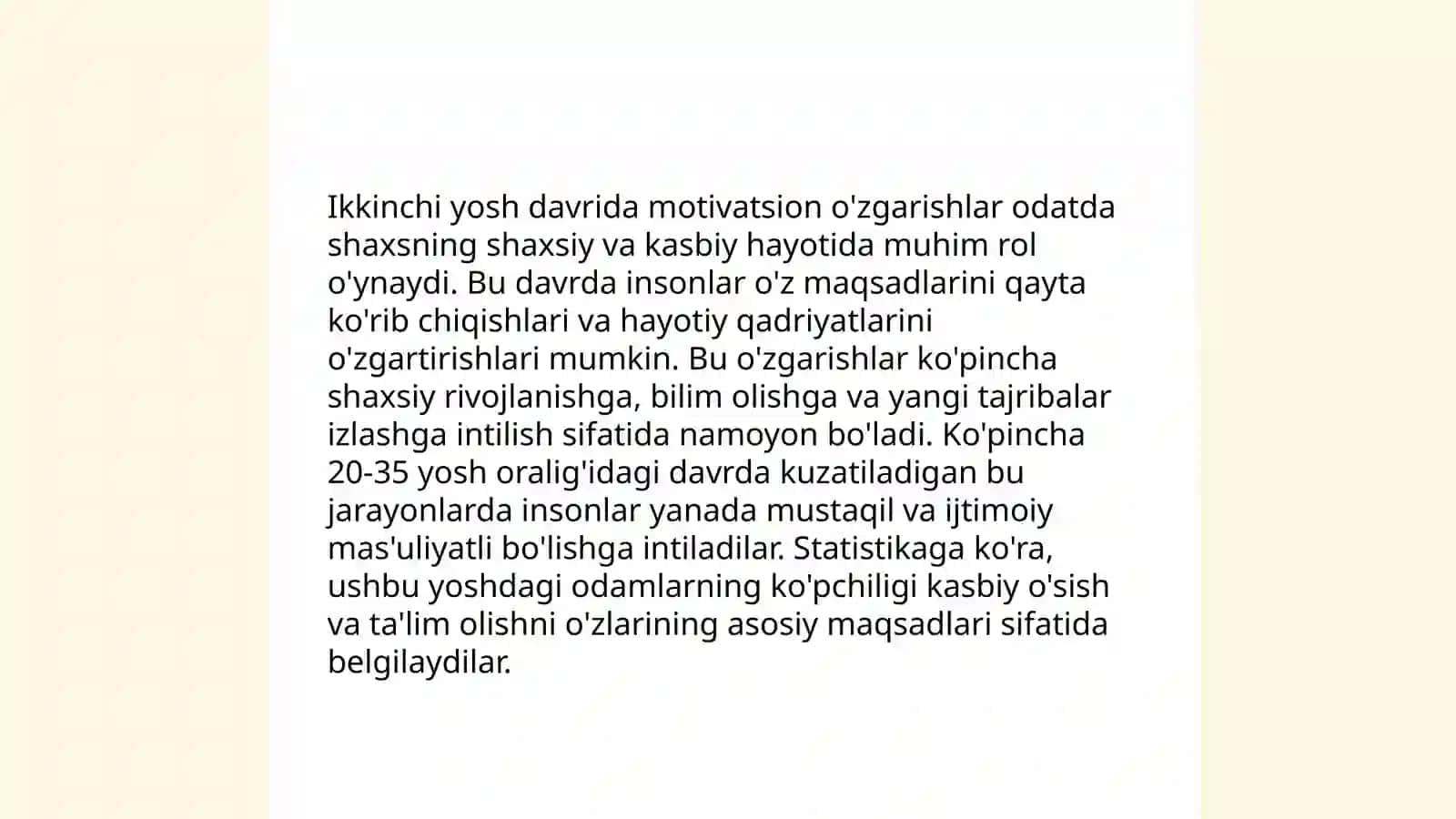 Yosh davrida motivatsion sohadagi oʻzgarishlar uning sabablari va alomatlari, maktabga psixologik tayyorgarlik muammosi haqida tushuncha 4