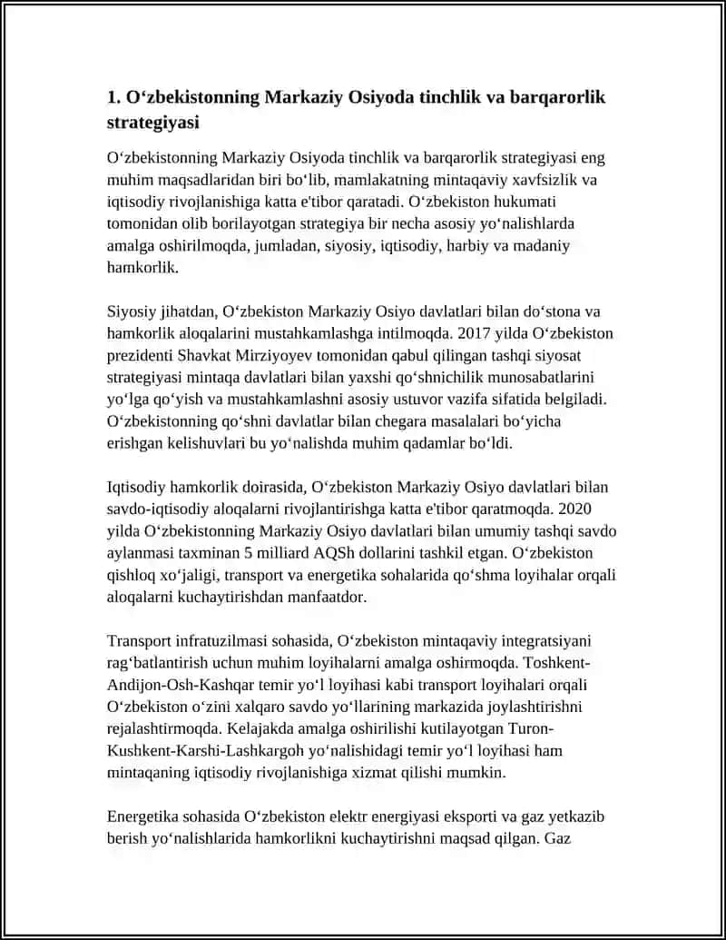 OʻZBEKISTONNING MARKAZIY OSIYODA TINCHLIK VA BARQARORLIKNI TAʼMINLASHDAGI OʻRNI 4