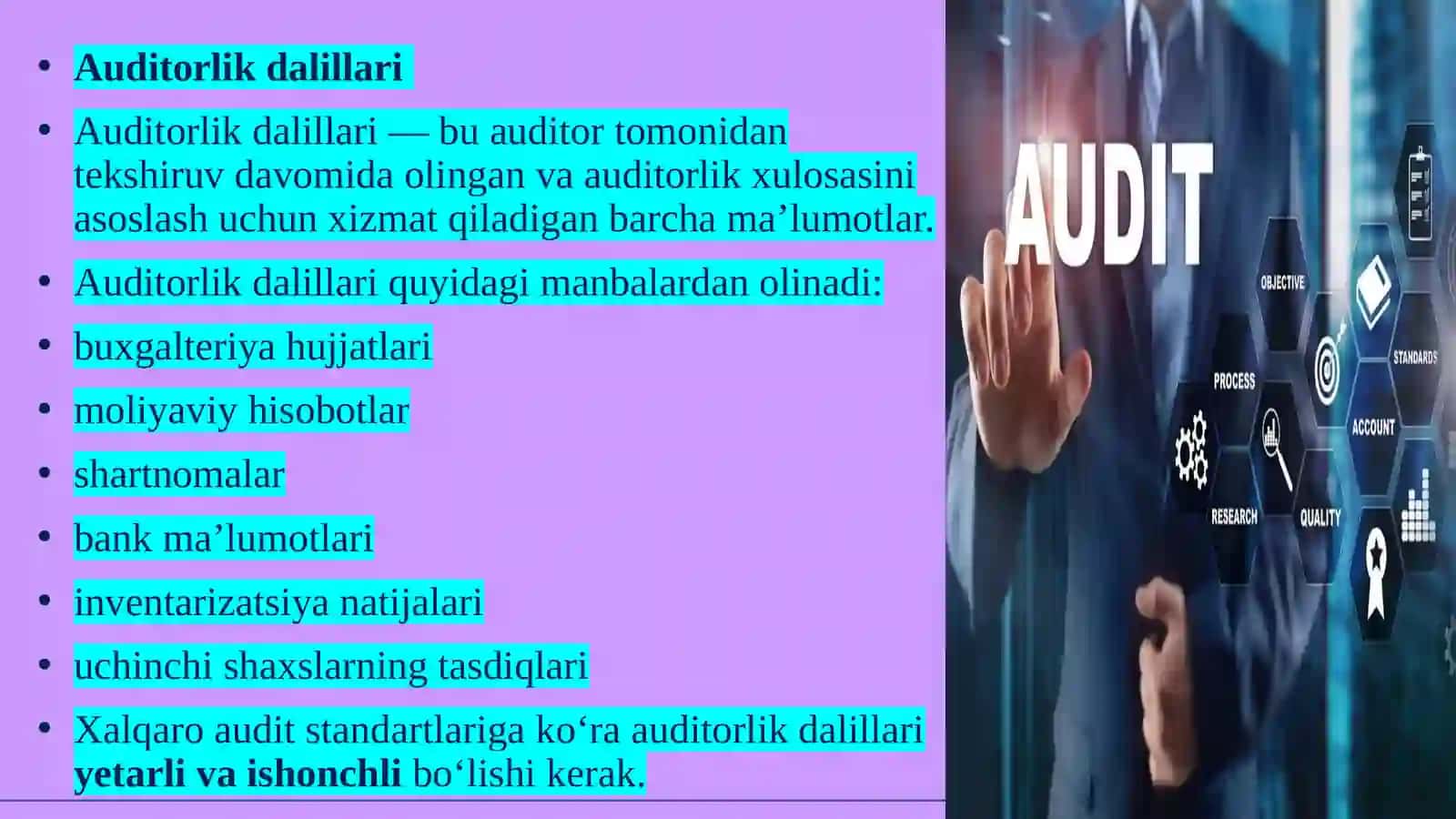 Audit o‘tkazish jarayonida ma’lumotlarni yig‘ish va umumlashtirish bo‘yicha auditning xalqaro standartlari 4