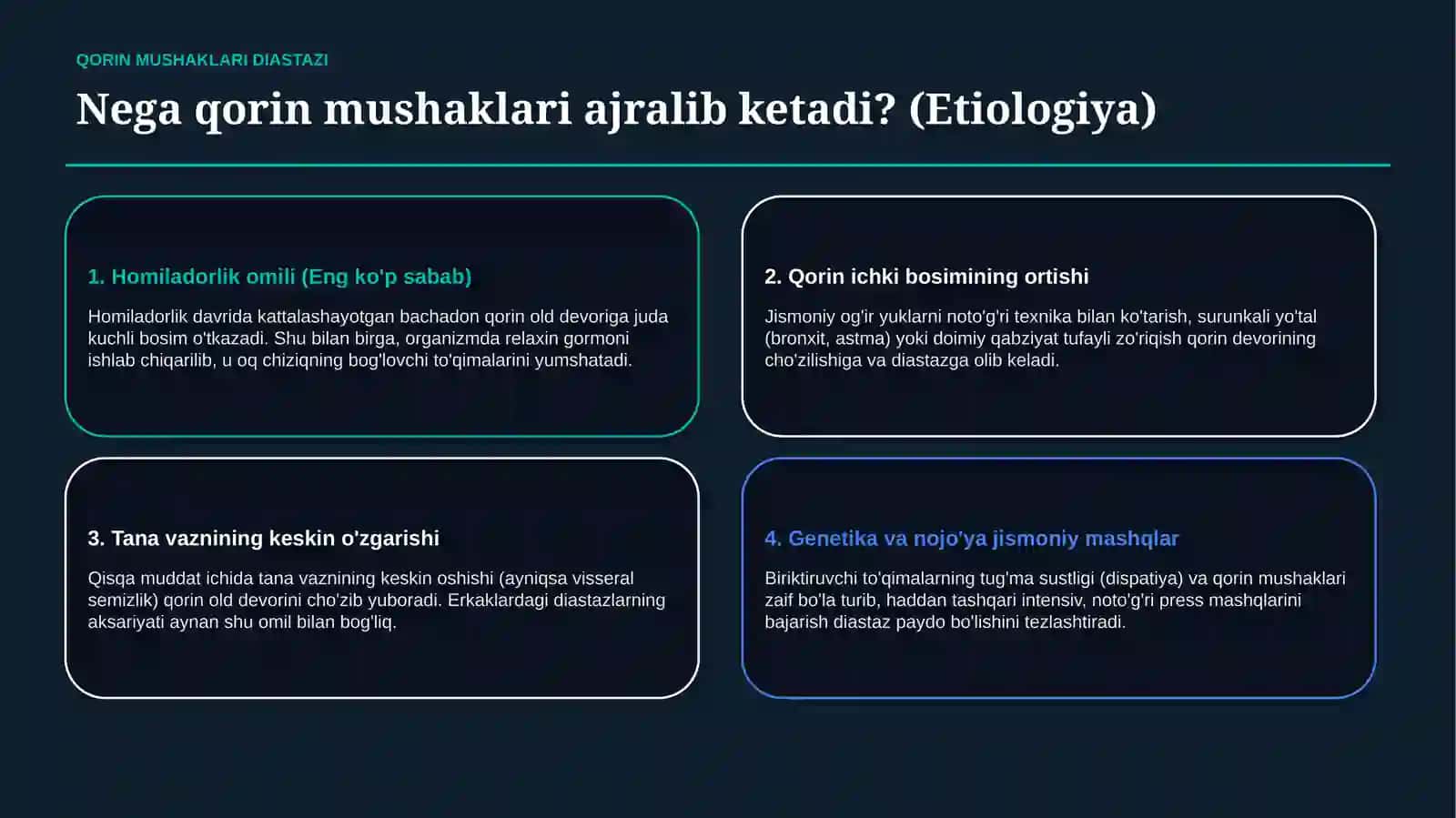 QORIN MUSHAKLARI DIASTAZASI — SABABLARI, BELGILARI, TASHXISI VA PROFILAKTIKASI | 15 SLAYDLI TAQDIMOT 4