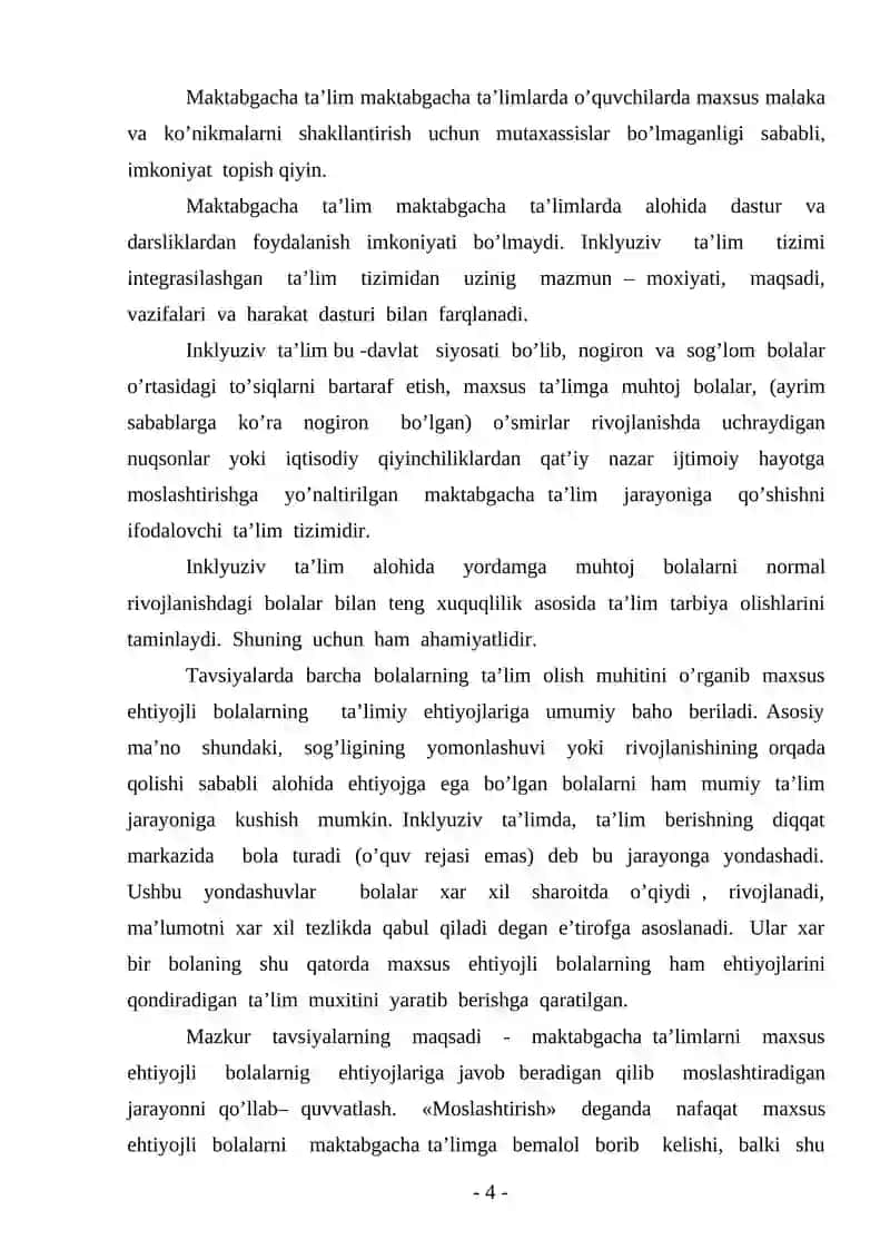 IXTISOSLASHTIRILGAN MAKTABGACHA TA’LIMGACHA TA’LIM MUASSASASI 4