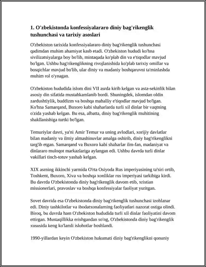 O'ZBEKISTONDA KONFESSIYALARARO DINIY BAGRIKENGLIKNING TARIXIY TAJRIBASI MAVZUSIDA TEST TAYYORLASH 4