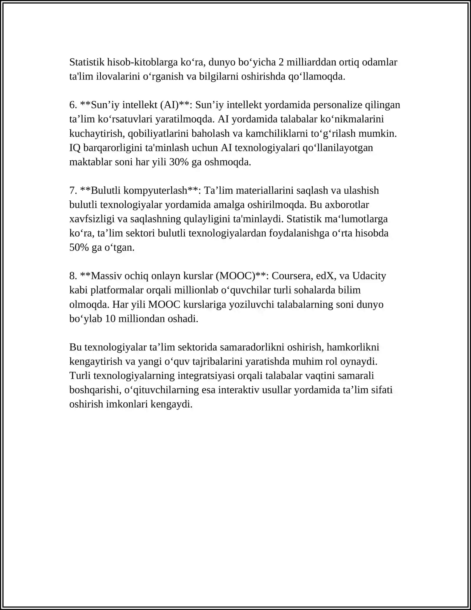 Zamonaviy axborot texnologiyalari turlari va ularning ta'lim jarayonidagi roli 4