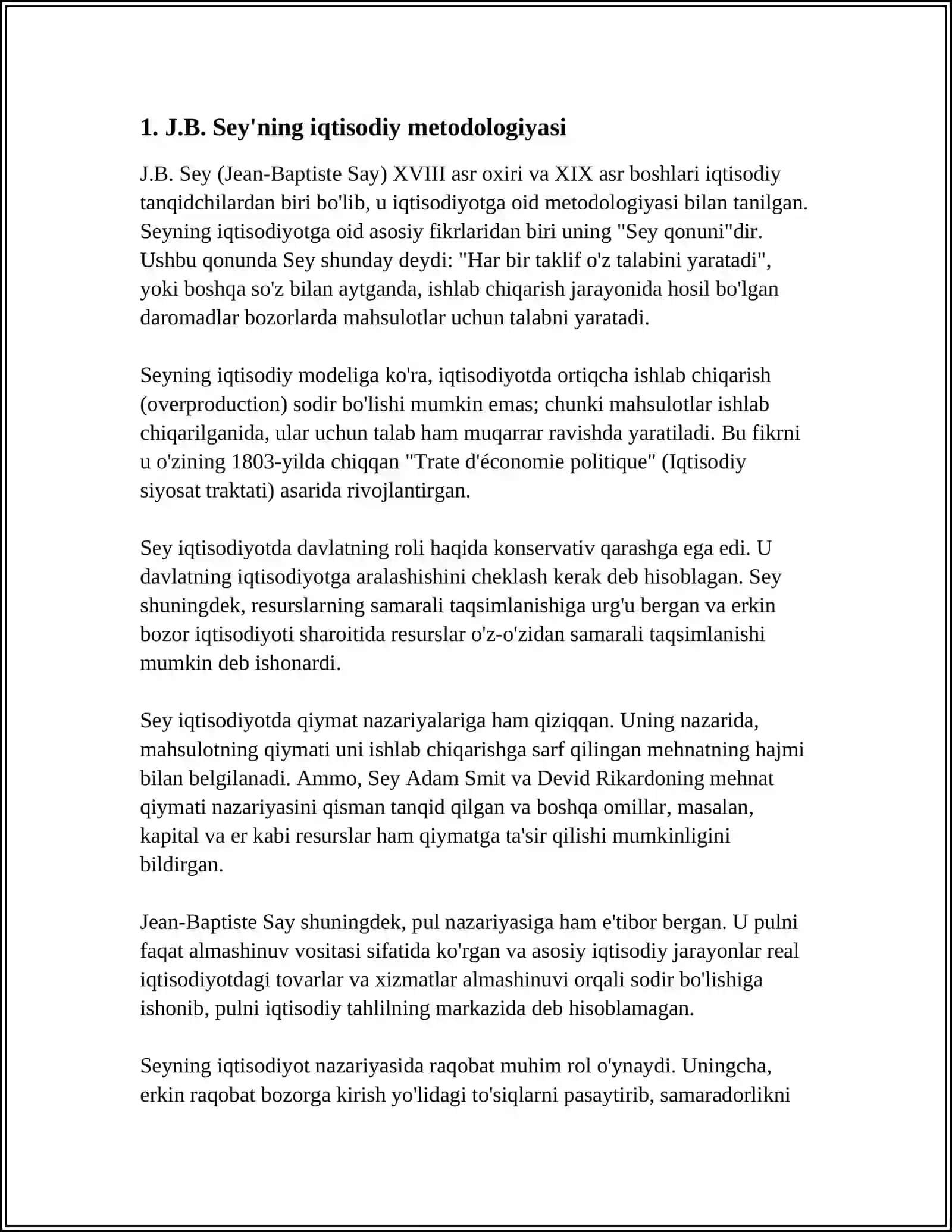 J.B.SEY.UNING MEDOTOGIYASI,QIYMATNING TAHLILI,ISHLAB CHIQARISHNING UCH OMILI(KAPITAL,YER,MEHNAT)VA KAPITALNING QIYMATI UNUMDORLIGI HAQIDAGI G'OYALAR 4