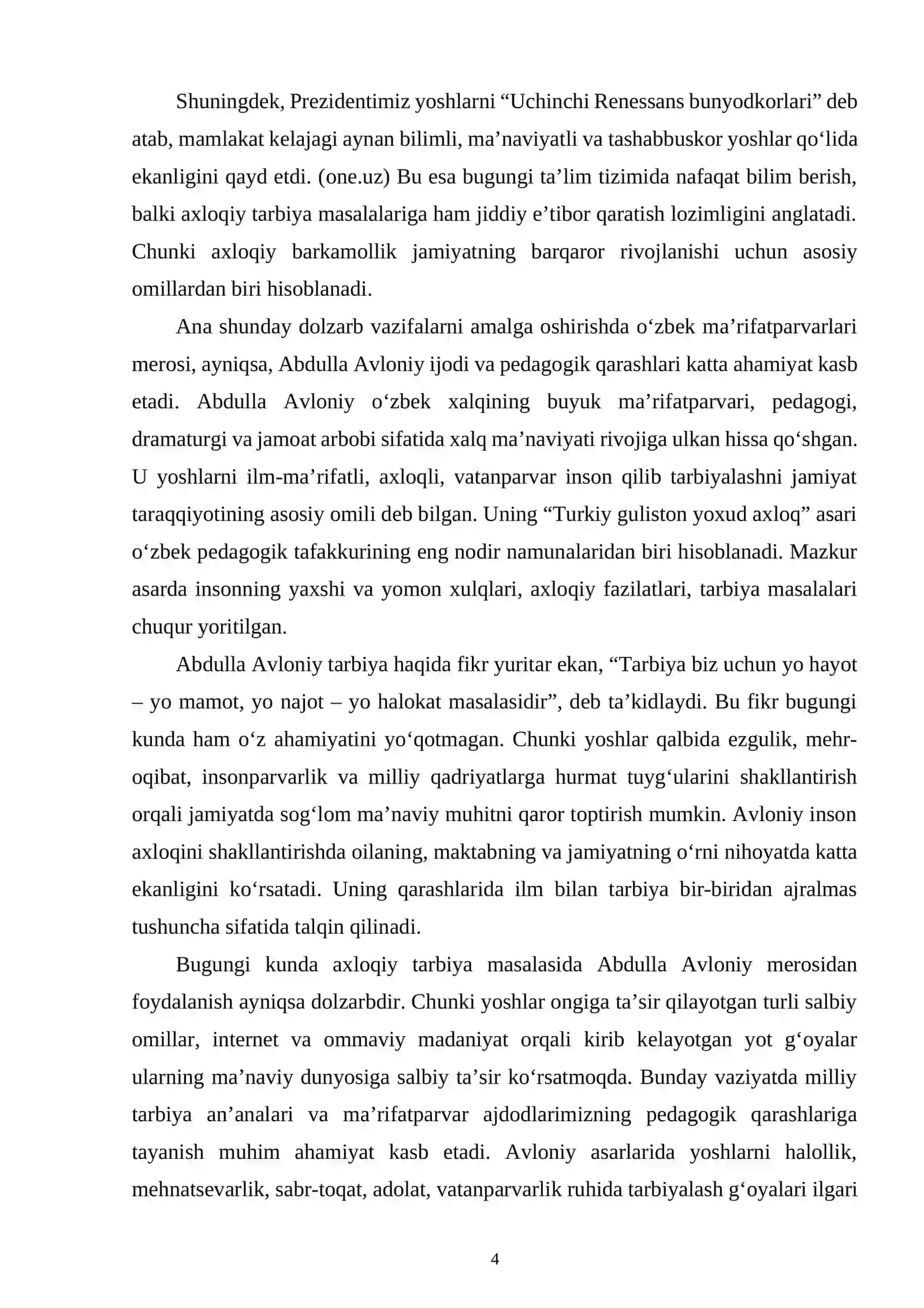 Axloqiy tarbiya jarayonida Abdulla Avloniy merosidan foydalanish. 4