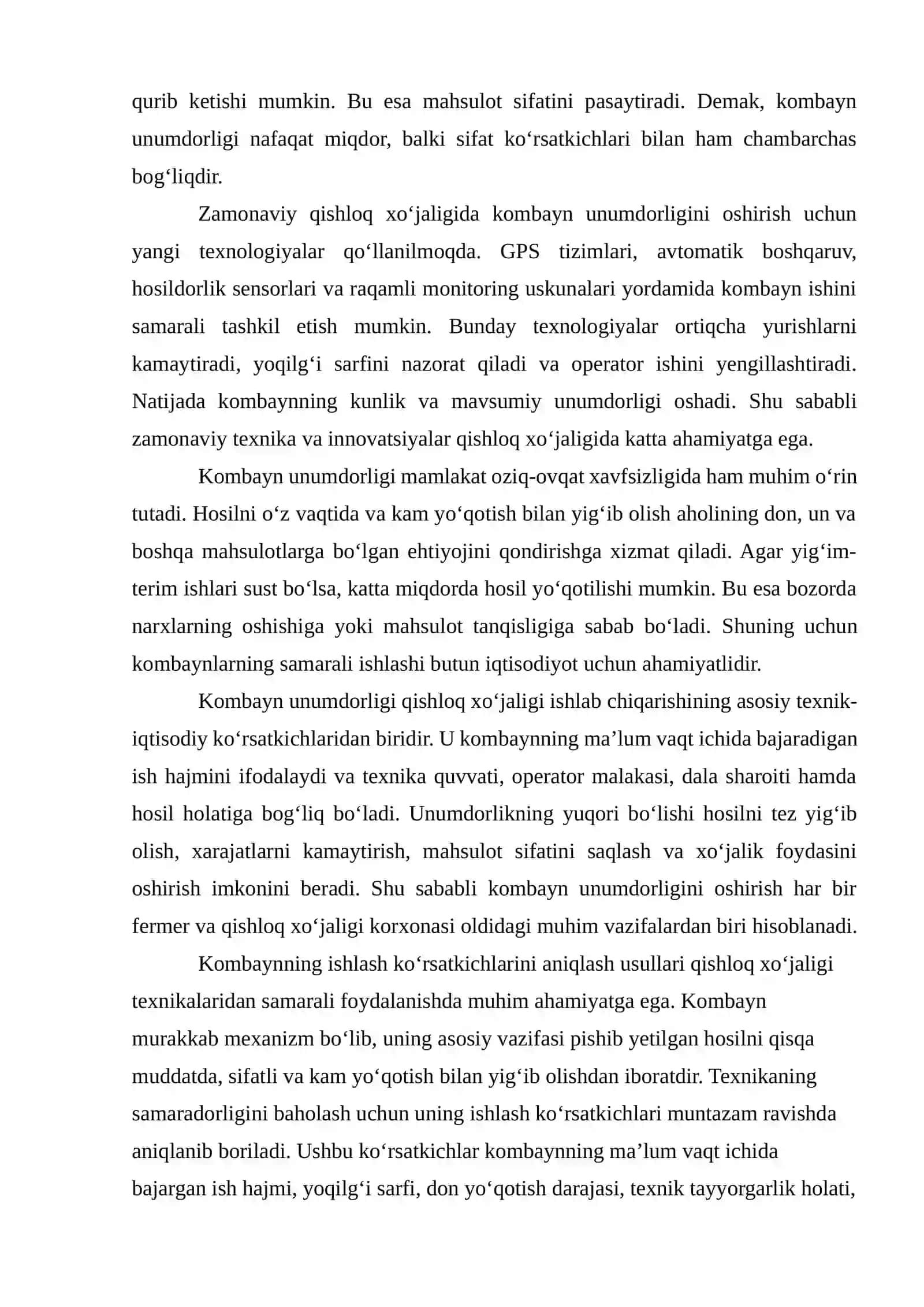 Kombayn unumdorligi va ishlash koʻrsatkichlarini aniqlash 4