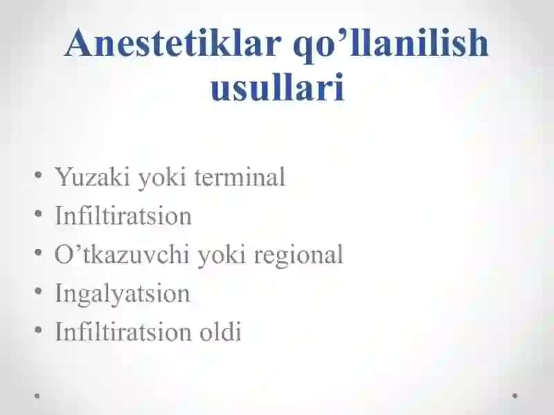 Terapevtik stomatologiyada qo’llaniluvchi anestetiklar. Terapevtik stomatologiyada og’riqsizlantirish. Usullar va o’tkazish texnikasi. 4